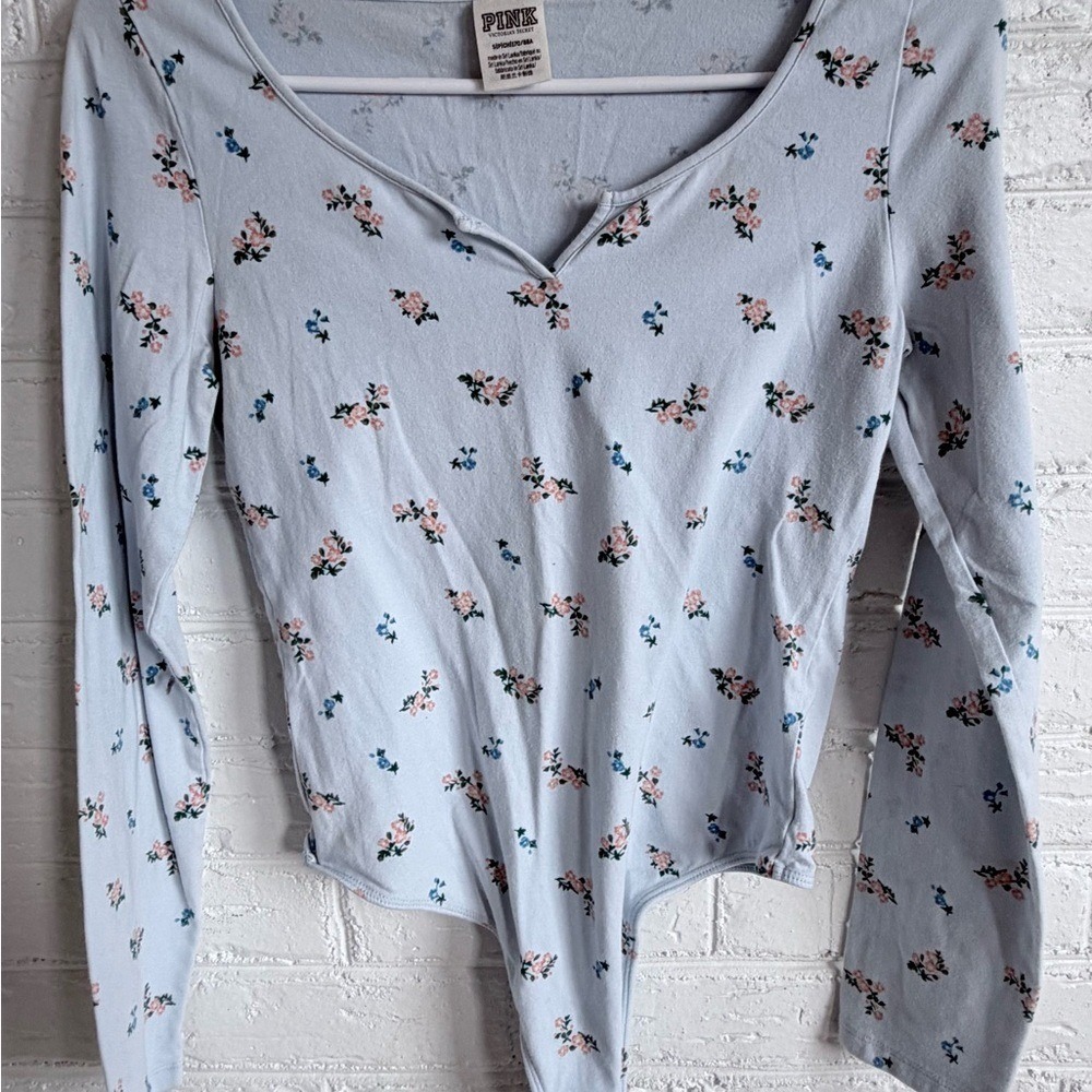 PINK Victoria's Secret Light Blue Floral Long Sleeve Bodysuit Size S